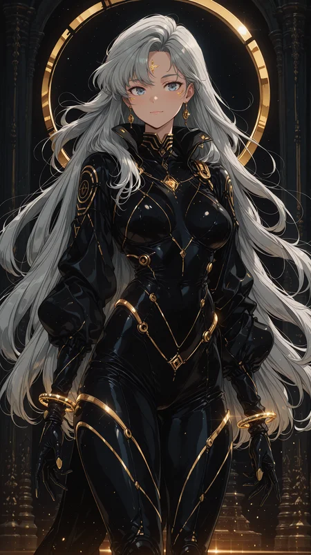 1girl, long flowing silver hair, piercing violet eyes, dramatic lighting, intricate celestial markings on skin, wearing an elegant black and gold bodysuit, futuristic high collar, standing in a cosmic void with floating golden rings, ethereal glow, deep space background, cinematic composition, high contrast lighting, highly detailed masterpiece, best quality, amazing quality, very aesthetic, absurdres, detailed eyes, newest, <lora:PinkieRetroAnimeIL:1>, pinkretroanime, retro art,