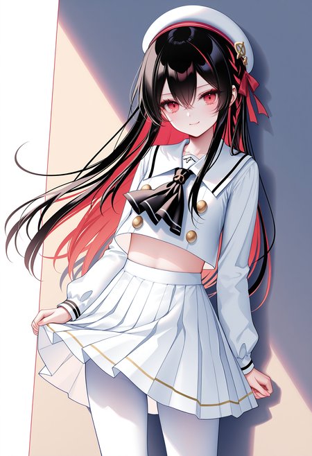 masterpiece, best quality, newest, absurdres, highres,(chen bin: 0.5),(hiten \(hitenkei\):0.4),(rimuu:0.5),(mignon:0.5),(sheya:0.6),
 ren(def), 1girl, long hair, black hair, multicolored hair, red eyes, hair between eyes, red hair, colored inner hair,smile,
janus(school),,school uniform, white serafuku,  white skirt, miniskirt, crop top, long sleeves,beret,neckerchief,white pantyhose, 
standing, <lora:ren(witch)XLNAI:1>,<lora:Janus(Uniform)XLNAI:1>