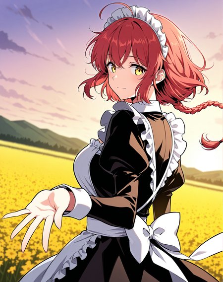 <lora:Ha_Yuri illustri:1>
1 girl, solo, long braided ponytail, red hair, short hair, ahoge, yellow eyes
maid's outfit
score_9, score_8_up, score_7_up, very aesthetic, source_anime, detailed, high quality, beautiful, masterpiece, detailed eyes, field, blurry background, pose dynamic angle, upper body, cowboy shot, light smile, looking back, reaching out, floating hair