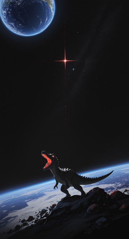 masterpiece, best quality, good quality, very awa, newest, highres, absurdres,  solo, open mouth, standing, outdoors, teeth, sky, no humans, night, moon, sharp teeth, star \(sky\), night sky, starry sky, rock, space, planet, earth \(planet\), dinosaur, crocodilian, black sky, limited palette, sketch, glowing, psychedelic,
negative space <lora:illustriousXL_stabilizer_v1.23:0.3> <lora:NOOB_vp1_detailer_by_volnovik_v1:0.3> <lora:ponyv6_noobE11_2_adamW-000017:0.3> <lora:114558v4df2fsdf5:0.6> <lora:mon_monmon2133:0.5> <lora:negative-space:0.4>
