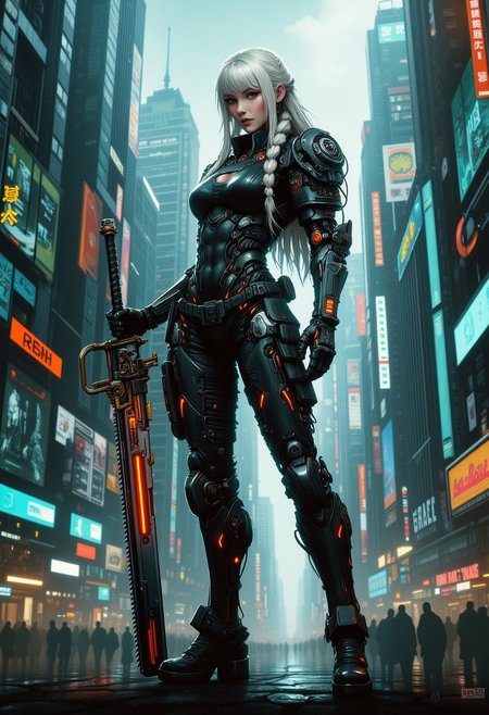 mad-cbrpnksplshrt full of details but with faded outlines, white braided hair cyborg girl soldier in combat armor with one robotic arm and one robotic leg holding a chainsword with glowing energy panels, and in the background new york city disintegrating into the matrix behind, best quality, sharp image,