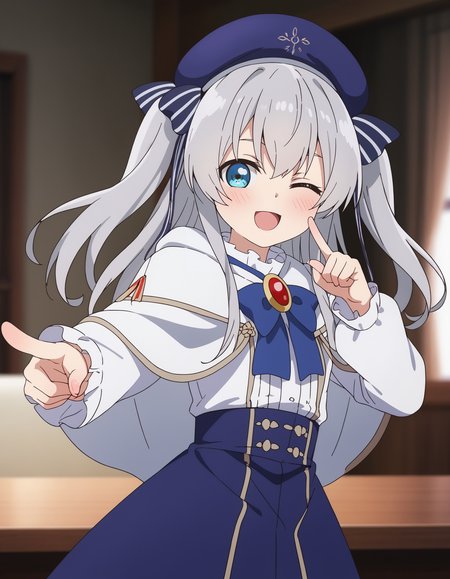 score_9, 1girl, solo,
claire, celia claire, blue eyes, grey hair, long hair, two side up, small breasts, <lora:seirei_gensouki_-_ celia_claire:0.8>
blue headwear, beret, brooch, blue bowtie, white capelet, white shirt, long sleeves, high-waist skirt, blue skirt, 
looking at viewer, cowboy shot, pointing at viewer, hand up, pointing, index finger raised, 
blush, smile, one eye closed, ;d, open mouth, 
indoors, blurry background, depth of field,