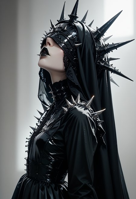 (score_9, score_8_up), score_7_up, 1girl, simple background, long sleeves, white background, dress, upper body, parted lips, grey background, black dress, from side, lips, makeup, lipstick, spikes, covered eyes, no eyes, gothic, black lips,
, blurry background, dark lighting, dof, depth of field, realistic, dark background, <lora:unholy-000009:0.85> <lora:CINE-000008:0.3>