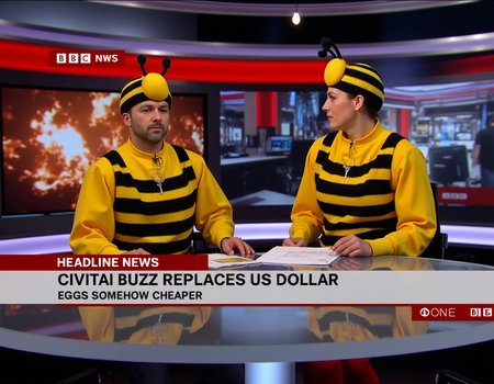 Man and a woman both wearing bee costumes sitting behind news desk on BBC News reading the latest headlines. The TV overlay says "BBC HEADLINE NEWS" with the headline CIVITAI BUZZ REPLACES US DOLLAR. below the text is EGGS SOMEHOW CHEAPER <lora:Concept_morse-BBCNewsroom-FLUX:1>. The monitors in the background display chaos and fire