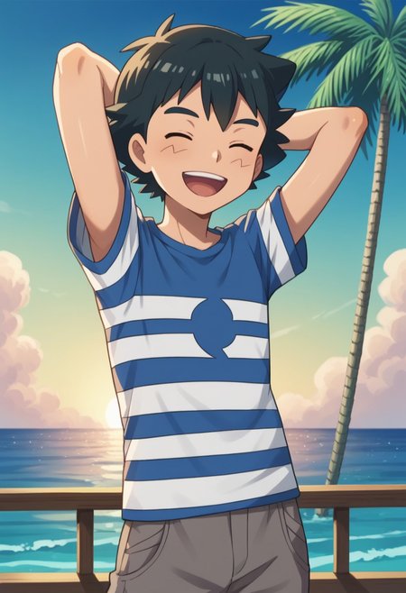 score_9, score_8_up, score_7_up, source_anime, highly detailed, slender, skinny,
ashsm, 1boy, z-ring, smile, open mouth. shirt, male focus, striped shirt, striped, closed eyes,
black hair, pants, t-shirt,  short sleeves, bangs, standing, looking at viewer, grey pants, upper body, hands behind head,
outdoor, sky, day, palm tree, ocean