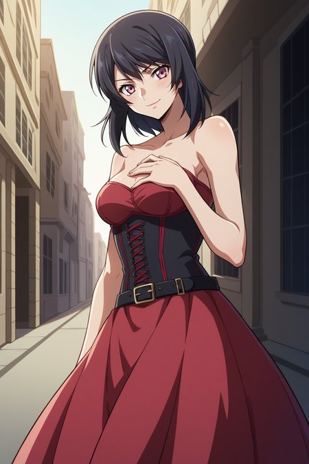 score_9, score_8_up, score_7_up, source_anime, 1girl, prefect lighting, very aesthetic, intricate details, highly detailed background, masterpiece, high quality, prefect hands, best quality, solo,
<lora:Ayano_Kosaka_Code_Geass_V1:.85>, KJOayano, dark hair, dark pink eyes, bangs, medium hair, 
red skirt, black belt, corset, bare shoulders,
from side, seductive smile, smirk, standing, blush, looking at viewer, head tilt, hand on chest,
daytime, street, sunny, building,
(Beautiful, medium Breasts:1.2), natural breasts,