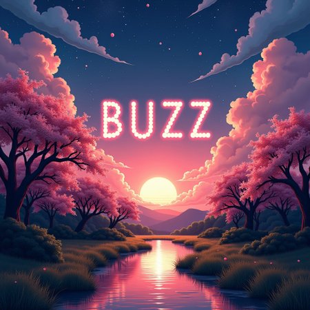 (the word "BUZZ" written as clouds in the sky, detailed background, ((blood red color palette)), (Calm autumn night landscape), amongst lush greenery, beautiful view, (Sakura blossoms in full bloom), Unexplored, twilight, (setting sun), sunset, (shooting stars), stars streaking the sky, streaking stars, beautiful clouds, dappled sunlight, beautiful, Tranquil Lake, Walkway, petals dancing in the wind, depth of field, masterpiece, best quality, ultra-detailed, very aesthetic, illustration, perfect composition, intricate details, absurdres, moody lighting, wisps of light, making a wish, valley in the horizon, long shadow