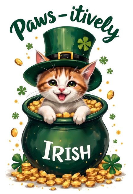 cinna flow, An adorable kitten wearing a leprechaun hat and sitting inside a pot of gold. The phrase ‘Paws-itively Irish’ is written in a fun, bouncy font with little paw prints surrounding it.