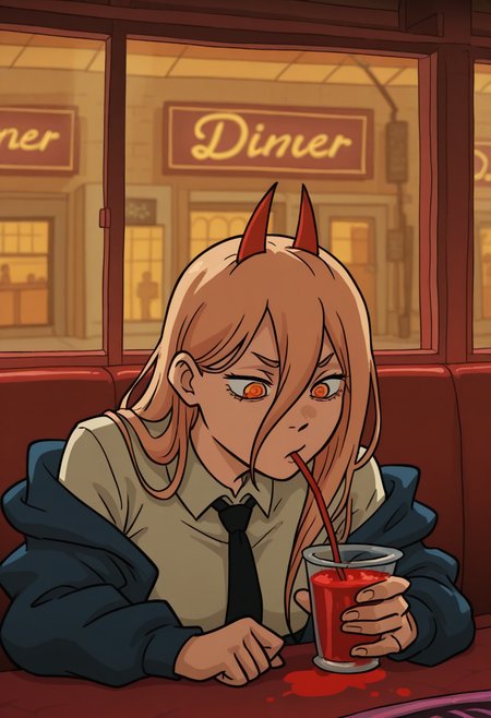 b4tm3t41style,   masterpiece, best quality, solo,                                                                                                                                           power \(chainsaw man\),  red horns, drinking blood smoothie, straw, street, seated in diner, warm colors, window,  