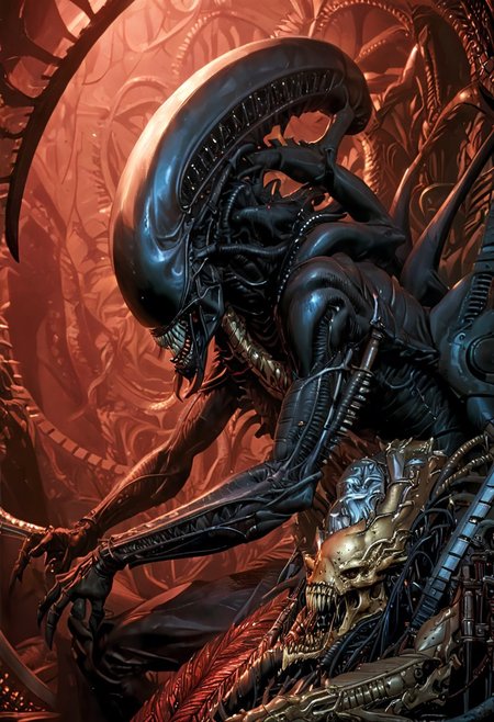 An insanely Detailed Divine Xenomorph, Golden and silver in color, cyberpunk, a crimson tinge to the golden color, Hyperdetailed, Omnipresent, Beautiful, Sinister overtones, otherworldly,
