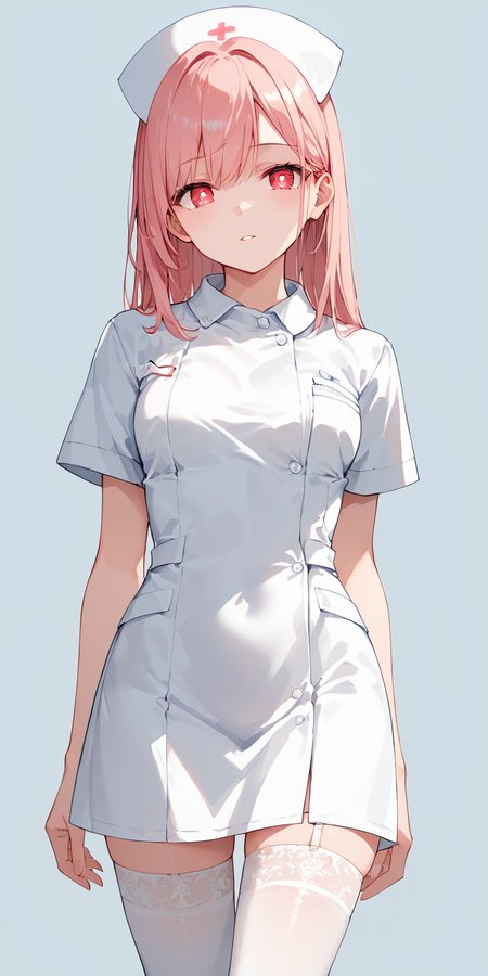 score_9, score_8_up, score_7_up,source_anime, high res image,masterpiece,best quality,girl,cute face,clear skin,shiny hair,ultra detailed eyes,simple background, <lora:nurse_pony_V1.0:0.8> nurse, white dress, nurse cap,thighhighs