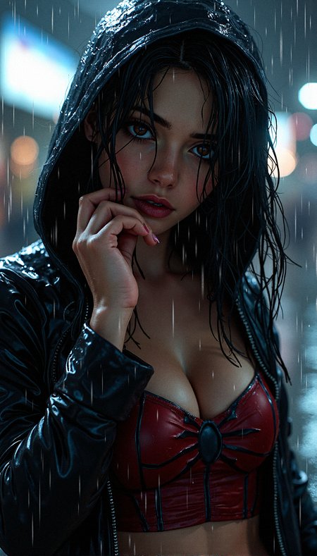 Extreme realistic depiction of a Wet Beauty Under Night Rain, in upper body shot, curvaceous glamorous body, hair hair over one eye,  extremely wet, realistic wet skin texture, realistic wet clothing heavy rain, realistic fabric texture, casual shirt and a spider-man hooded jacket,  crop top, adjusting her wet hair, head tilted slightly down.

Show a few wet hair flyaways around her face, catching the light and adding a natural, slightly messy look.detailed iris patterns in her eyes, with subtle color variations and a bright highlight, glossy texture to her nails, with soft reflections and a natural curve, adding to the overall wet appearance.

Leaning forward slightly with her hand resting on her chin, looking straight ahead with a thoughtful expression.