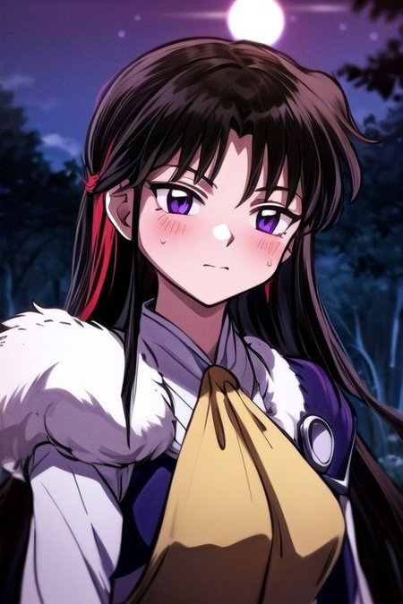 masterpiece,  best quality 1girl Setsun4 solo long hair,  (night time) forest background black hair very long hair purple eyes multicolored hair armor (fur trim) (medium body),<lora:EMS-179-EMS:0.800000>,<lora:EMS-293862-EMS:0.800000> bow, hair_bow, hair_tubes, red_bow, brown_hair, long_hair, bangs, ascot, frilled_bow, yellow_ascot, blush, smile, hair_between_eyes, athletic, armor, miko