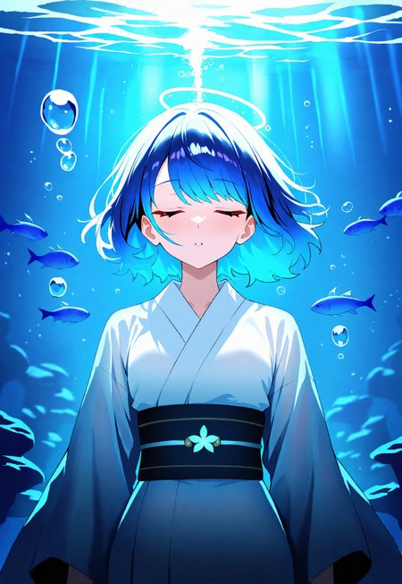 masterpiece, best quality, newest, absurdres, highres, Anime-style illustration featuring a young woman with blue hair, wearing a traditional white and black kimono. She is depicted underwater with her eyes closed, surrounded by bubbles and a small blue fish. The lighting creates a serene and ethereal atmosphere, with light filtering through the water from above. The background includes subtle details of underwater flora, adding to the tranquil scene.