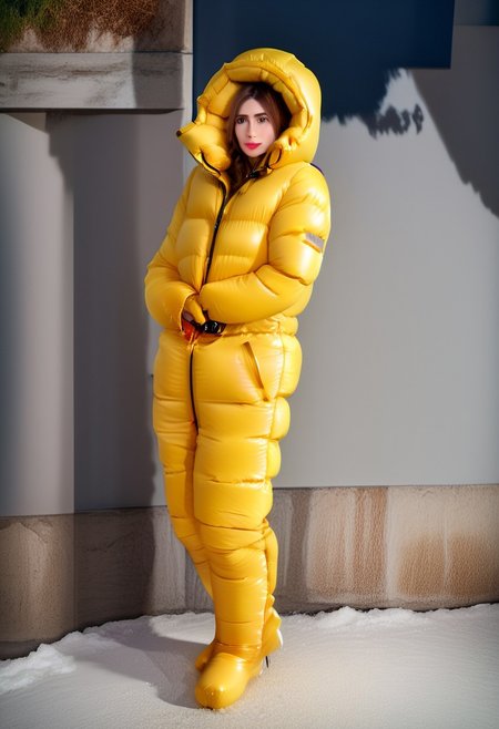 full body shot of one front cute, sweet woman, [person:0.75], radiating elegance and beauty. She is dressed in a yellow ((hooded up ankle length very puffer strait closed coat)). The hood had is fully closed, puffy down boots , closed flap of the hood ((High Yoked)). The lighting is mid, highlighting her features . Cinematic lighting, very cold, high resolution, winter fashion, realistic shading, , artstation, masterpiece. hd and high detailed clothing. down clothes by parkasite. sweetest, cutest.  (bokeh) <lora:Parkasite_v10:1.0> <lora:Segufix_V1_1:0.9>