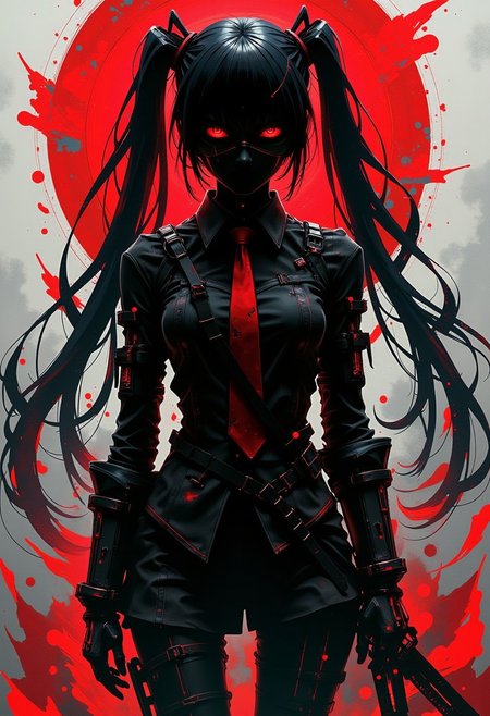 silhouette art, a cybernetic assassin dressed as Hatsune Miku, chiascuro, red glowing eyes, abstract dark cyberpunk background