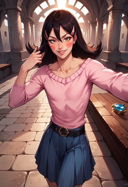 OkamaitachiOPM, 1girl, solo, otoko no ko, black hair, long hair, hair between eyes, hair ornament, hair clip, brown eyes, lips, blush stickers, collarbone, flat chest, boat neck pink sweater, long pleated blue skirt, belt, weapon, sabre, leather stiletto ankle boots,
seductive pose, sexy pose, tease,  in the spotlight,,
smile, ruins, selfie,
score_9, score_8_up, score_7_up, beautiful aesthetic, very intricate, high quality details,vibrant, highly detailed, award-winning, professional,anime artwork, anime style, studio anime, athletic, curvy body, athletic, looking at viewer, pinup pose, teasing, dynamic lighting, cinematic, smug, better than you, aura of temptation, highly detailed, high resolution, masterpiece, detailed clothes, detailed background, highly detailed, ((sound effects)) comic layout,