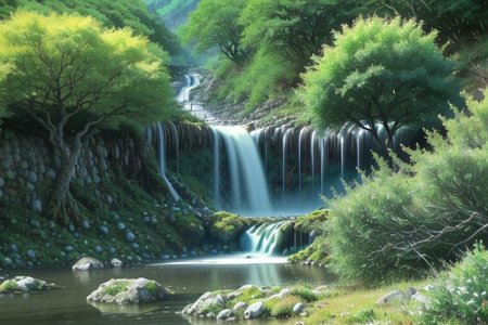 A clearing IN THE MOUNTAINS, a large tree from which a small waterfall falls, A waterfall flows from the crown of a tree,, a stream flows through the meadow, blowing trees,