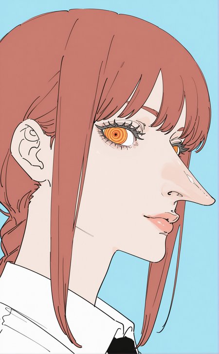 ultra detailed eyes, realistic eyes, (by haru57928031:1.3),  (by tatsumi \(psmhbpiuczn\):1.2), by simz, textured hair,  flat color, unfinished lineart, multicolored hair, multicolored eyes, multicolored eyelashes,
highres, (big nose:1.5), (long nose:1.5), 
1girl, makima \(chainsaw man\), profile, from side,  portrait, solo, looking at viewer, lips, nose,  
<lora:nhl-002-nai:0.8> nhl-002,