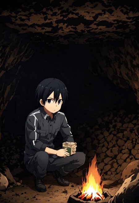 high resolution, solo, best quality, 1Boy, Kazuto Kirigaya, Black Hair, Black Eyes, cave, bunker, bonfire, field Ration, OverallDetail