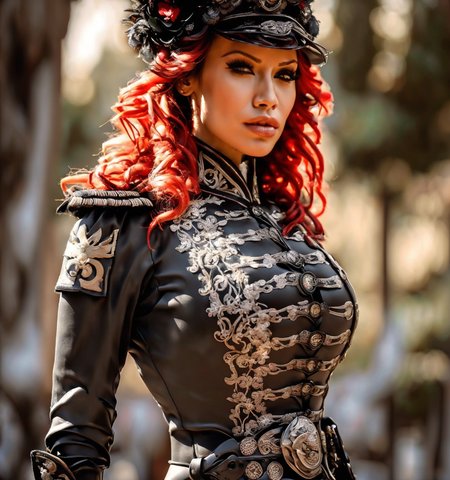 RAW photo, (masterpiece:1.3), subsurface scattering, heavy shadow, (high quality:1.4), (intricate, high detail:1.2), professional photography, HDR, High Dynamic Range, realistic, ultra realistic, photorealistic, high resolution, film photography, ambient lighting, atmospheric effects, <lora:detail_slider_v4:2>, OverallDetail, BiancaB, <lora:BiancaB:1>, red curly hair, belt, boots, epaulettes, femun, gloves, hat, looking at viewer, makeup, ((black)) uniform, soldier, solo, standing, upper body shot, , <lora:FemaleUniform:1>,  epiCPhoto