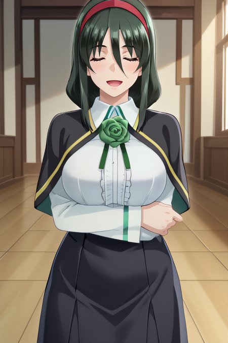 score_9, score_8_up, score_7_up, source_anime, rating_safe, intricate details, anime screencap, official style, 1girl, solo, <lora:Kurosu_Reina:1>, reina, dark green hair, closed eyes, red hairband, long bangs, large breasts, black dress, school uniform, black capelet, short capelet, collared shirt, white sleeves, white chest, green rose, black pantyhose, indoor, looking at viewer, cowboy shot, open mouth, blush, standing, naughty face, smile, breast hold