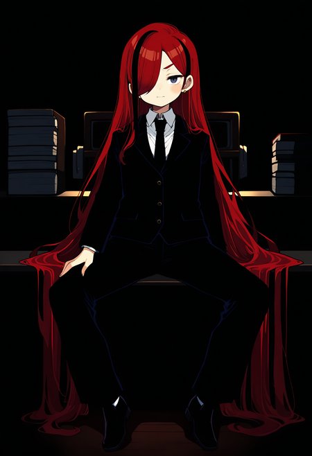 1girl,   crimson hair, streaked hair, very long hair,   hair over one eye,       
BREAK   1girl, spread legs, from head to legs,,         
BREAK                   black overcoat, black necktie, black pants,  office, dark room,      
BREAK general, (senmu \(0107\):0.9), (inaka keikou:0.55), (maniani:1.15), masterpiece, best quality, absurdres, highres, newest, <lora:ponyv6_noobV1_2_adamW:0.7>, <lora:VICE_v1.0:0.4>