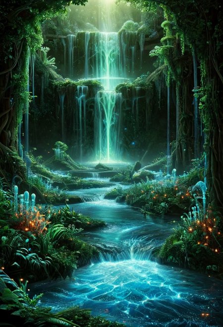 Amidst a mystical realm where ethereal flames dance, a celestial villain stands, their god-like aura emanating from glowing, intricate armor. This fiery dominion, inspired by the art of H.R. Giger, Alex Grey, and John Harris, is alive with swirling embers and cosmic energy.
In stark contrast, a tranquil summer scene unfolds where a majestic waterfall tumbles into a crystalline pool, embraced by lush flora. The sky above is a canvas of azure punctuated by playful clouds, with sunlight shimmering upon the water’s surface, crafting a serene tableau that whispers of nature’s untouched splendor.
art by Christopher Balaskas, 
aliens, alien-worlds, digital, eeriness, futuristic, landscapes, outer-space, science-fiction, vibrant, 
concept-art, fantasy, epic, majestic, magical, dreamy, perspective, light and shadow, moody, epic, 
beautiful, painterly, aesthetic, textural, vivid, vibrant, intricate details, highly detailed, ultra-detailed, absurdres, 
ais-blmn, gl0w, glow
alienworld