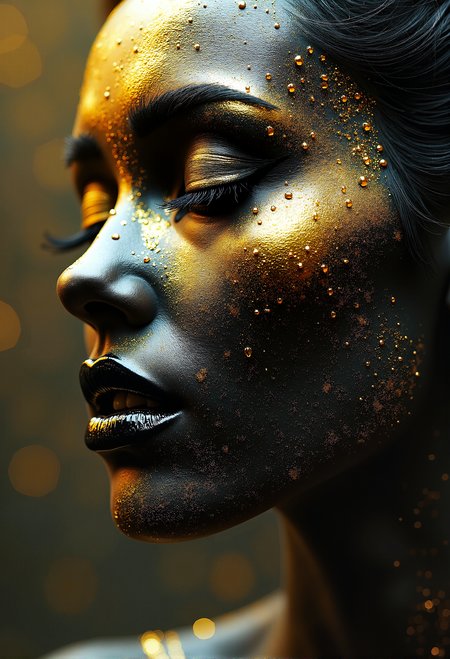 Masterpiece, 8k, HDR, best quality, photography, analog film, real life, extremely beautiful, highly detailed, intricately detailed, ray tracing, dramatic. (art by Peter Gric and Anne Bachelier:3.0). landscape. woman. cyberpunk. side view. (gold and black colour theme:2.4). golden droplets. intense black and gold makeup. (black lipstick. golden mascara.:2.5) art by ingrid baars