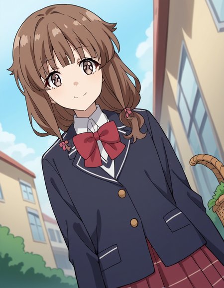 score_9, score_8_up, score_7_up, source_anime, <lora:kaede-azusagawa-s1-ponyxl-lora-nochekaiser:1>, kaede azusagawa, long hair, bangs, brown hair, brown eyes,, skirt, shirt, long sleeves, bow, school uniform, jacket, white shirt, pleated skirt, collared shirt, bowtie, red bow, black jacket, plaid, red skirt, plaid skirt, blazer, red bowtie,, farmers market, fresh produce, local vendors, baskets, sunny day, community, smile, looking at viewer, solo,, cowboy shot, dutch angle