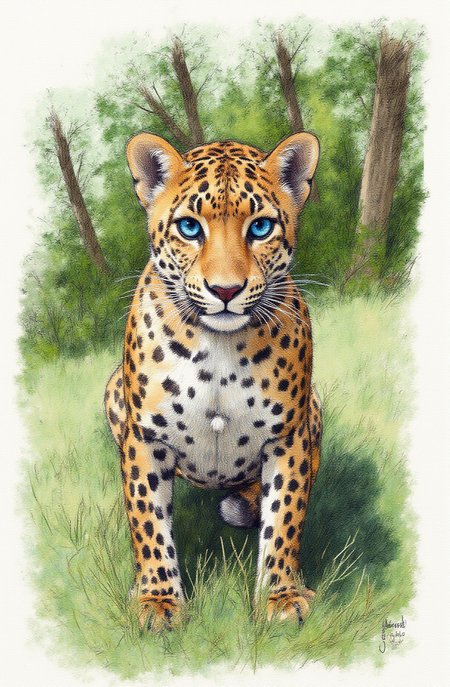 Sharp image of a rough sketch, rendered in vibrant multi colour ballpoint pen, capturing the adorable features of a close-up of a leopard's face. The leopard is sitting in a grassy area with trees and bushes in the background. The focus of the image is on the leopard, who is looking directly at the camera with a serious expression. Its fur is a mix of brown and black spots, and its eyes are a piercing blue. The background is blurred, but it appears to be a wooded area with more trees and foliage.  p3nsk, <lora:p3nsk:1>