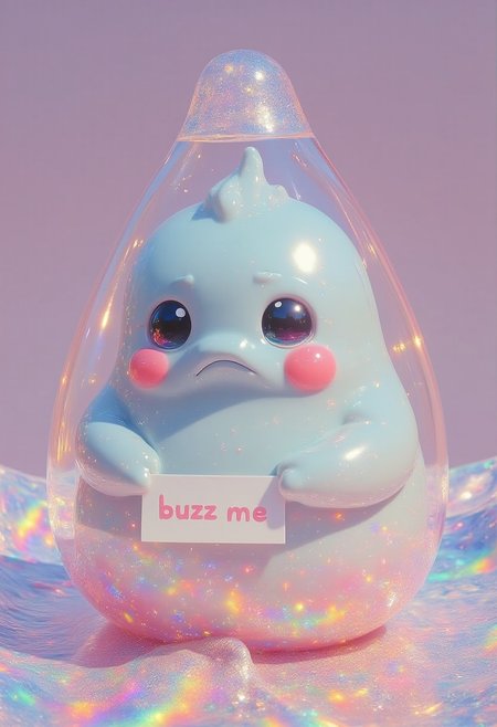 A translucent, light-blue blob-like creature resembling a character from a cartoon or anime is submerged in a body of iridescent liquid. The creature's shape is bulbous, and it appears to be contained within a transparent, teardrop-shaped vessel, with a slightly elongated neck. 
The creature's face is a mix of pale pink, light blue, and soft pastel colors. It has large,  huge sad-looking eyes with a hint of blue in them and rosy blush on its cheeks. Its expression is calm yet slightly melancholic. 
The creature holds a sign that says “buzz me” 
The liquid surrounding the creature shimmers with a rainbow of pastel colors, including pinks, yellows, blues, and greens, creating a rainbow-like effect. The reflections and textures suggest a watery or glassy surface with ripples. The colors are somewhat soft and the outlines are diffuse, giving a dreamy and ethereal quality to the entire scene.
