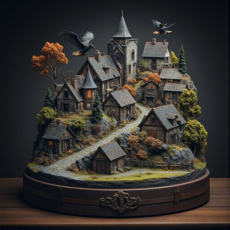 This is a miniature diorama that recreates a town lined with old buildings reminiscent of Medieval Europe, and a world where young, beautiful witches fly through the sky on broomsticks. It is placed next to a grimoire. Each roof and wall is carefully weathered, and professional lighting gives it an indistinguishable finish from the real thing.
<lora:Flux.1_Turbo_Detailer:0.7>, <lora:Diorama_Flux:0.9>