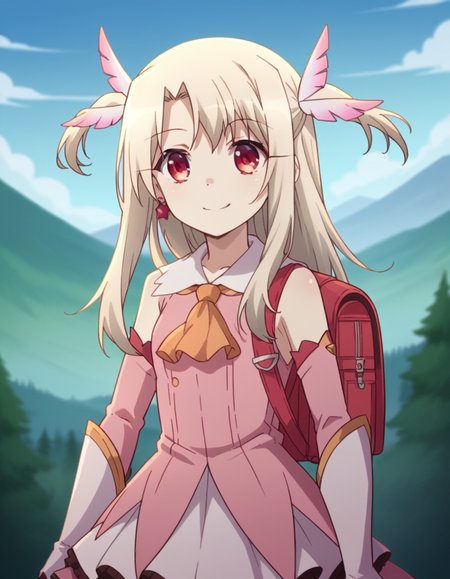 score_9, score_8_up, score_7_up, source_anime, <lora:illyasviel-von-einzbern-prisma-s2s3-ponyxl-lora-nochekaiser:1>,, illyasviel von einzbern, long hair, blonde hair, red eyes, parted bangs,, hair ornament, gloves, dress, jewelry, earrings, detached sleeves, ascot, magical girl, feathers, pink dress, feather hair ornament, prisma illya,, mountain trail, hiking, nature, backpack, adventure, fresh air, smile, looking at viewer, arm bent at elbow, solo,, cowboy shot, dutch angle