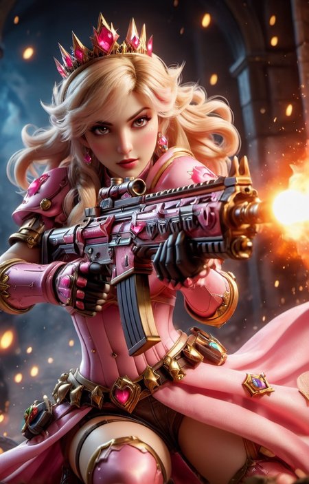 ((hyperrealistic)) cinematic photo of sexy Princess Peach from Super Mario Brothers with Assault Rifle, action scene in bowsers castle, lava balls, 
35mm photograph, film, bokeh, professional, 4k, highly detailed,  <lora:XL_Weapon_Assault_Rifle_-_By_HailoKnight:0.85><lora:EnvyActionShotXL01:0.65>,  <lora:add-detail-xl:0.6>