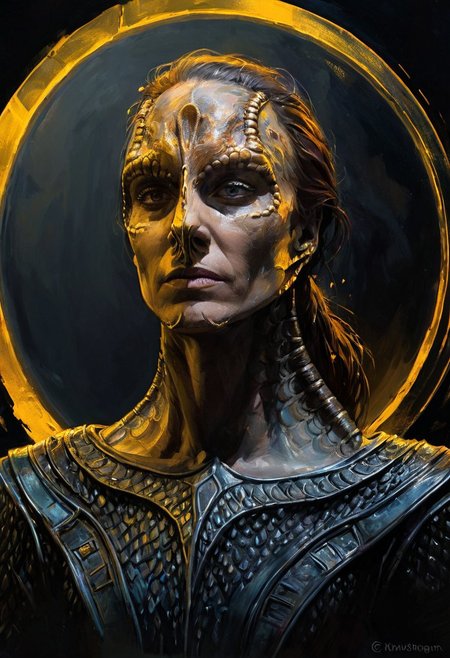 (a female c4rd45514n alien, forehead crest, grey skin, ridges, scales), approaching perfection, dynamic, moody, darkness, shadows, dark, sinister, pitch black, highly detailed, black ancient rusty knight armor, digital painting, artstation, concept art, smooth, sharp focus, illustration, art by Carne Griffiths and Wadim Kashin, dark black colors, good shadows, dim lit, devoid of color, low light, back light, hidden, obscured, black hue in hair, mirrors, prisms, reflection, refraction, prismatic, monolith, obsidian, bright yellow god rays, sun circle
