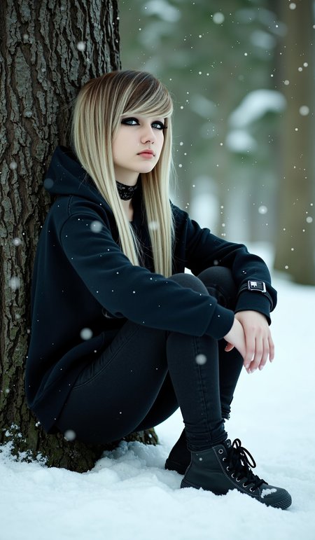 Emo_JBX style, realistic cinematic side-profile portrait of a young woman sitting under a large tree in a snowy forest, with a long emo haircut featuring sleek, straight layers and long, side-swept bangs that cover one eye; her light brown hair with soft blonde highlights flows over her shoulders and reaches down to her chest; wearing dramatic black winged eyeliner that accentuates her eyes, along with a black lace choker, oversized dark hoodie, fitted skinny jeans, and black high-top sneakers; she sits with her knees pulled close, hugging them for warmth, viewed from a side angle; snow falls gently around her, with snowflakes settling on her hair and clothes, creating a light dusting; her expression is calm and introspective, gazing slightly to the side while sheltering beneath the tree; the forest background is softly blurred with muted greens and whites, with diffused light filtering through the overcast sky, enhancing the serene, wintry atmosphere, (Emo_JBX:1.1500000000000001)<lora:Emo_JBX_flux.safetensors:1.0:1.0> <lora:Flux_Detailer2K.safetensors:1:1>