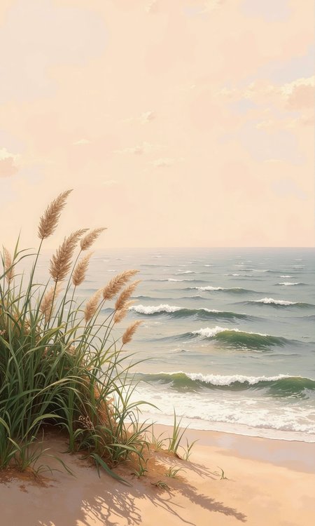 Full outdoor shot of a beach scene at sunrise or sunset. 
The foreground shows light tan sand with some subtle texture. A clump of tall, green grass or reeds is centered in the lower portion of the image. Several light beige-tan, feathery pampas grass or similar plants are emerging from the clump, their plumes extending upward and outward, catching the ambient light.
The mid-ground features the ocean or sea, a calm body of water with rippled bands of varying shades of blue-gray, indicating shallow areas and subtle waves. 
The background presents a soft gradient of colors, transitioning from a peachy-pink hue in the sky to a dusky gray-blue as it meets the ocean line. The sky reveals clouds/haze, diffused light, and a sense of the early or late daylight hours. The lighting suggests a calm and peaceful atmosphere.
<lora:FLUX-daubrez-DB4RZ-v2:1> DB4RZ, DB4RZ style painting
