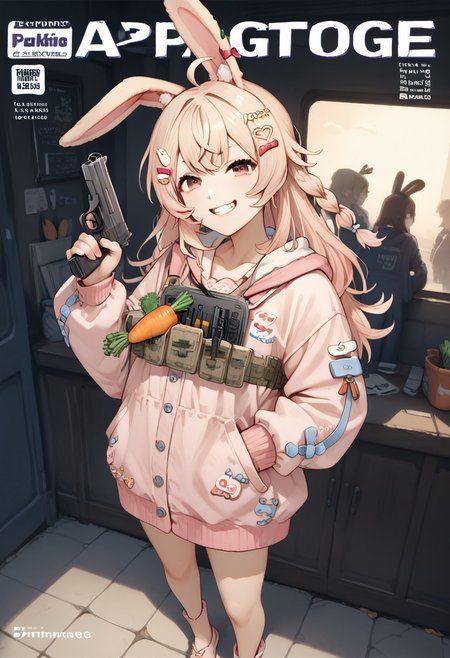 (score_9, score_8_up, score_7_up, score_6_up, score_5_up, score_4_up), fantastic composition, solo, (pipkinpippa, 1girl, pipkinpippa the mad gunslinging rabbit, comic cover, female, pipkin pippa, feet), "Guns & Ammo" comic cover, (pink platecarrier, carrots in pockets:1.3), (cute, petite), (handgun, holding gun, holding weapon, dual wielding, finger on trigger), smile, (smug, naughty grin), crazy eyes, backlit, (dynamic view angle, side view, from above, face focus, warzone background)
