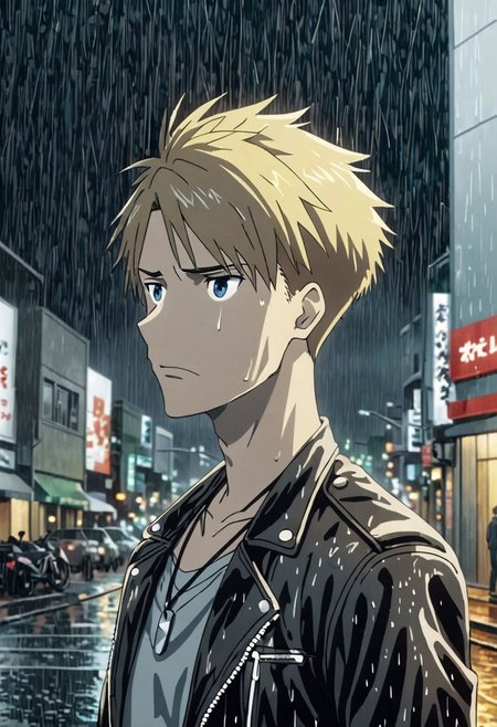 high resolution, professional photography, best quality, 1Boy, Yamato Ishida, blond hair, deep blue eyes, necklace, heavy rain, downtown, night, looking down, sad, leather jacket, looking away, OverallDetail
