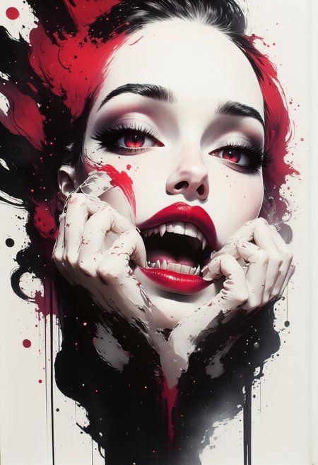 Silhouette Art, breathtaking detailed, masterpiece, awe-inspiring, radiant, magnificent, aidmainkstyle, portrait of stunning oriental female vampire, long white hair, lips parted, fangs, seductive, filmy, gauzy, see-through top, sultry, lustful, red eyes, red lips, erotic, nsfw