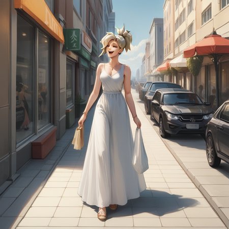 zPDXL2,score_9, score_8_up, score_7_up, score_6_up, score_5_up, score_4_up, source_anime, 1girl,mercy_(overwatch),cowboy shot, looking to the side, smile, laughing, long dress, <lora:Sidewalk:0.7> s1dew4lk, building, sidewalk, next to street, , urban setting, daytime