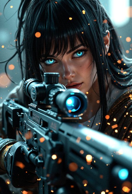ANIMEFLUX
"A hyperrealistic close-up of a fierce female sniper aiming through the scope of a high-tech rifle, her intense glowing blue eye locked on her target. Her long, flowing hair is disheveled and illuminated by streaks of light, creating a sense of dynamic motion. She wears a tactical outfit with subtle futuristic elements, the fabric reflecting faint metallic glimmers. The rifle’s details are meticulously rendered, from the glossy lens of the scope emitting a soft cyan glow to the intricate engravings along the barrel. Sparks and glowing particles fill the air, adding a chaotic energy to the scene. Her expression is focused and deadly, with a faint smirk suggesting confidence in her abilities. The dark background, interspersed with shards of light, creates an ominous yet electrifying atmosphere."
 <lora:FluxDFaeTasticDetails:0.2> <lora:ultra_real_anime_flux_v1:0.4> <lora:realism_lora_comfy_flux_converted:0.6>
