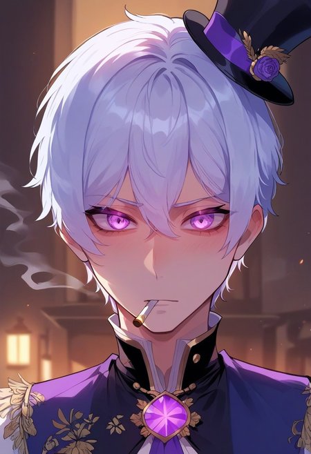 score_9, score_8_up, score_7_up, score_6_up, one anime style,1 boy, 20 year old, attractive, masterpiece, best quality, short white hair, purple tux with top hat, clear purple eyes, pupils, high detailed eyes, purple glowing eyes, frosty air, low temperatures, smoke coming from mouth, calm expression, enjoying the moment, smoking