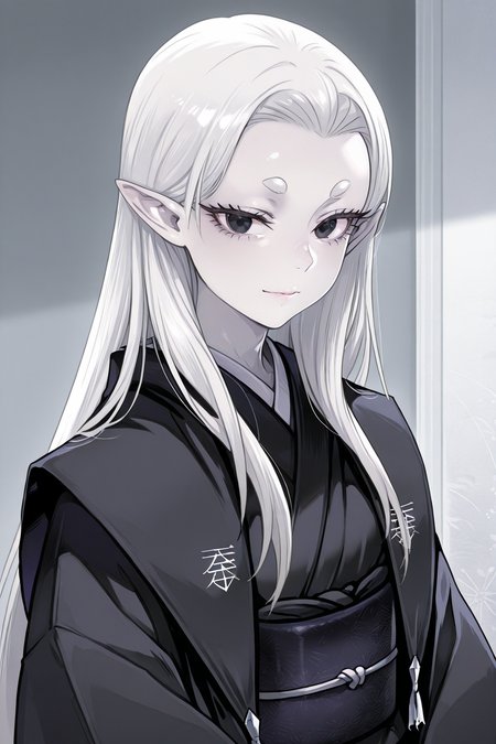 1girl,
CureNinjaSlayer, 
general, solo, upper body,
long hair, white hair, short eyebrows, black eyes, eyelashes,
pale skin, pointy ears,
black kimono, frills, obi, 
looking at viewer, light smile,  
grey theme, japan, luxuriou room,
<lora:kp_CureNinjaSlayerIllustrious_v1_0:1.0>,
masterpiece, best quality, amazing quality