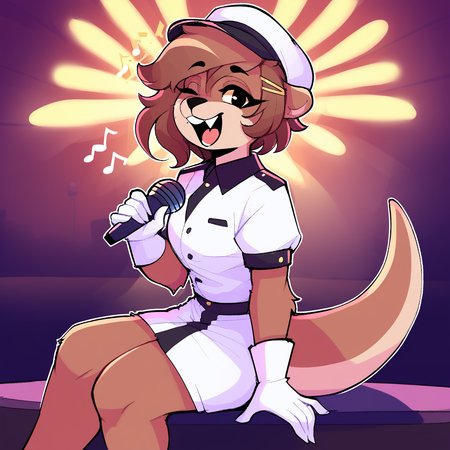 score_9_up, score_8_up, score_7_up, score_6_up, furry female, by remanedur, pearl aurora, female, furry, otter, yellow eyes, tail, dark brown hair, white gloves, ((headgear)), headwear, gesture, winking at viewer, happy, short hair, brown fur, hairclip, white high heeled boots, ((white uniform)), (solo), three-quarter view, head tilt, microphone, holding microphone, singing, stage, on stage, lights, screaming,  <lora:Leah_Pines(AIM)_XL_v1:1>,  <lora:PDXL_artist_tags_v2_big:0.8> <lora:The-Minuscule-Task_PDXL_v1.0:0.8> <lora:Pearl Aurora:0.15>