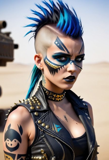 NovaBiker, a high quality, digital illustration, masterpiece, absurdres, 
1girl, solo, focus, mohawk, war paint, face paint, geometrical patterns, blue/gold gradient hair, mohawk, black lipstick, spiked collar, studded leather vest, unzipped, cleavage, muscular, beautiful, sexy, intense, fierce, imposing,