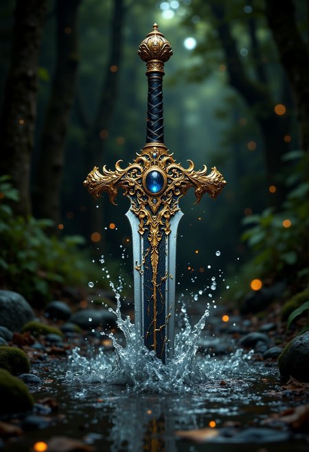 high-contrast digital artwork featuring a sword partially submerged in water. The sword has an ornate, golden hilt with intricate designs, including floral and vine motifs, and a large, central gemstone. The blade is metallic with a reflective surface, showing a crack-like pattern. Water splashes around the sword, creating dynamic movement and highlighting the texture of the liquid. The background is a dark, blurred forest setting, with hints of light filtering through, adding depth and atmosphere. The overall color palette is dominated by gold, black, and dark green tones, enhancing the mystical and epic feel of the scene.