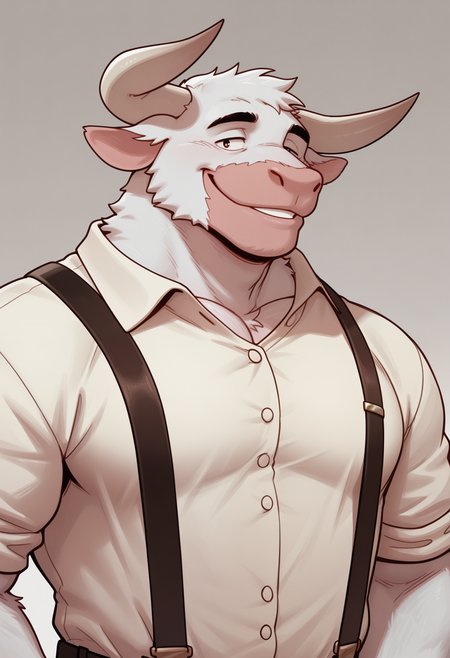 masterpiece, best quality, amazing quality, 1boy, solo, AsterionMH, Shirt, Suspenders, upper body, smile
