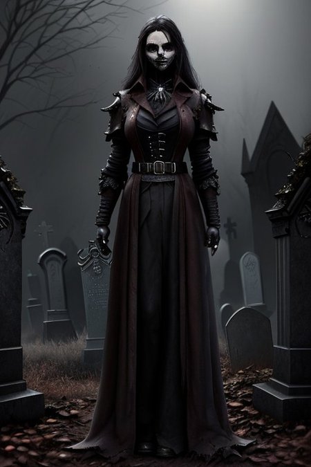 (masterpiece:1.2), (best quality,:1.2), 8k, HDR, ultra detailed, ((photorealistic)), professional light, cinematic lighting, fashion photography, ambient lighting, atmospheric effects, <lora:detail_slider_v4:2>, (DarkFantasy:0.2), a female hunter, wearing a long coat, ascot, corset, bracers, belt, gothout, <lora:Gothic_Outfit:0.5>,  in a dark and sinister gothic graveyard, iron fence, open graves, darkness, <lora:Darkness-10:0.6>,  <lora:zoom_slider_v1:2>, (Style-Necromancy:0.5), epiCPhoto